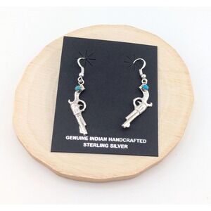 Handmade Navajo Sterling Silver Gun w/ Turquoise Dangle Earrings Western Style**